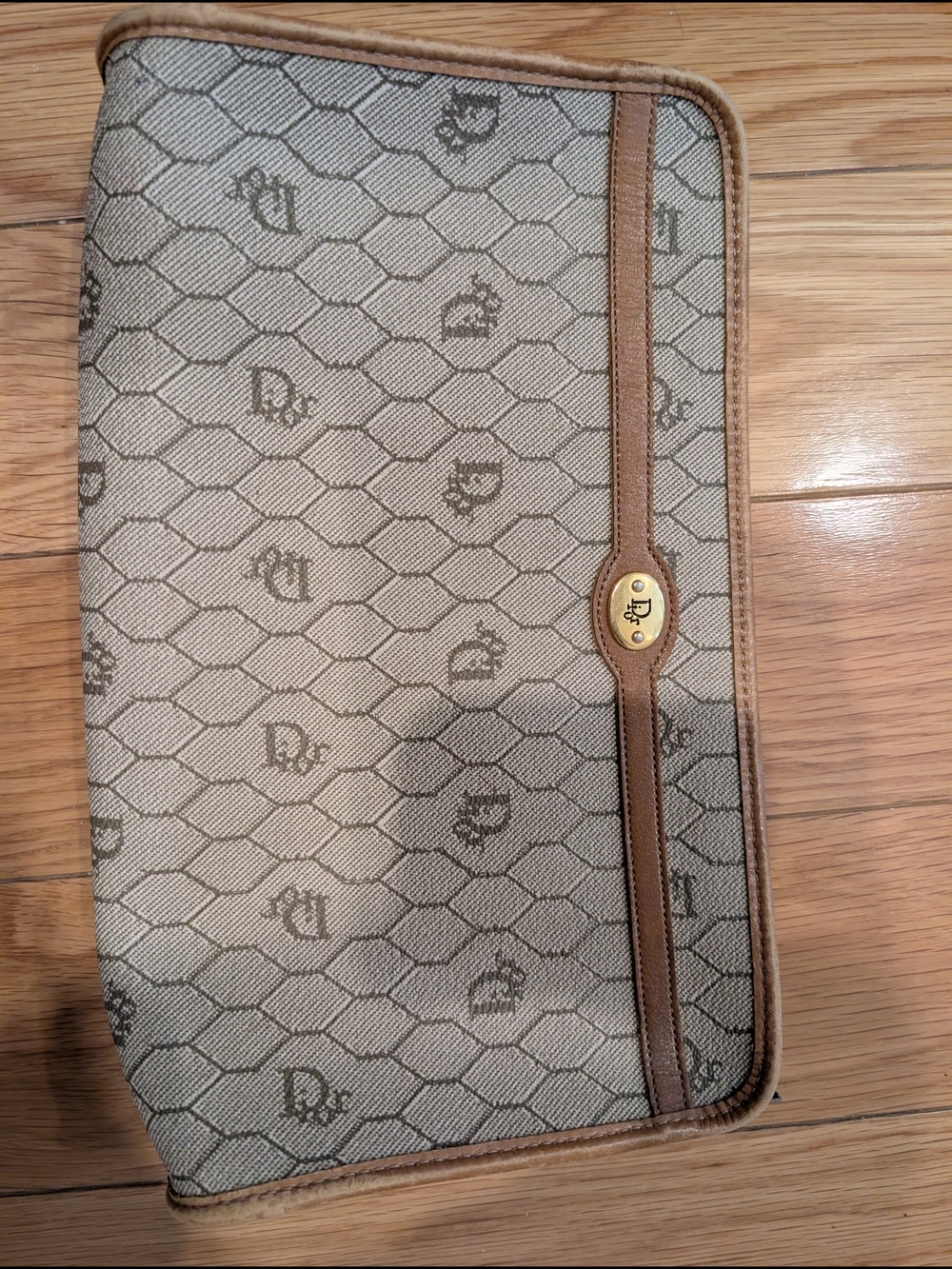 Vintage Beige Monogram Clutch with Brown Trim